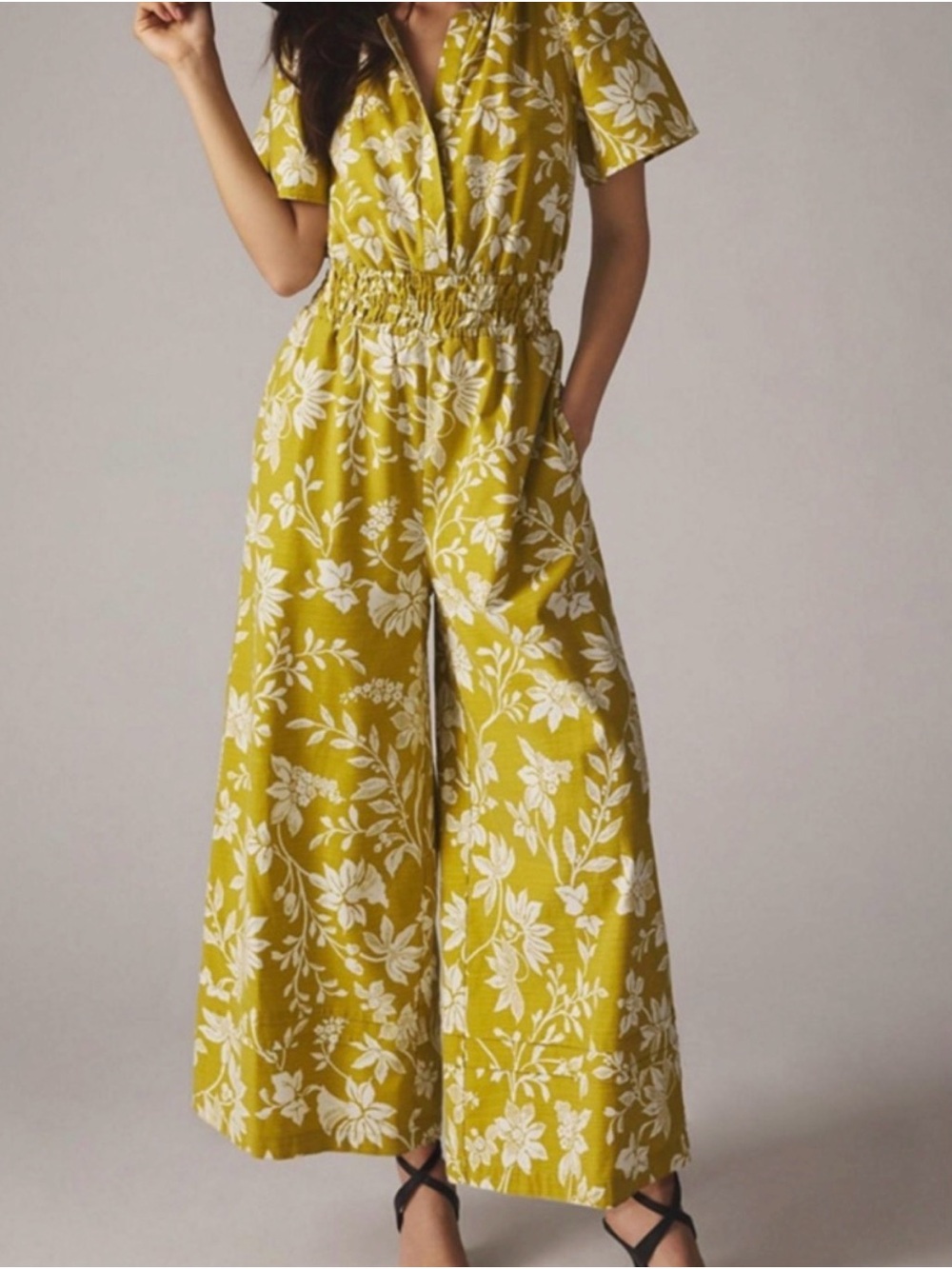 Anthropologie Mustard Yellow Floral Wide-Leg Jumpsuit
